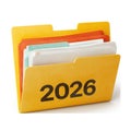 Yellow folder containing files labeled with the year 2026 on a white background Royalty Free Stock Photo