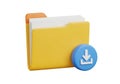 Yellow folder with documents and blue download icon isolated on white background Royalty Free Stock Photo