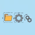 Yellow folder and gray gear icons on a light blue background. The folder measures 30\