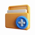 Yellow Folder Icon with Blue Plus Sign for File Management and Data Organization on Transparent Background