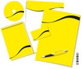 Yellow folder, notebook, compact disc, business card, form and pen