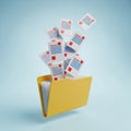 Yellow folder overflowing with documents and papers against a light blue background files Royalty Free Stock Photo