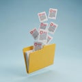 Yellow Folder Overflowing with Documents and Papers Falling Out on a Blue Background Royalty Free Stock Photo