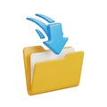 Rendering of yellow file folder with white papers and a blue arrow pointing downwards above it Royalty Free Stock Photo