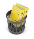 Yellow folders in the trash can isolated on white background. 3d rendering