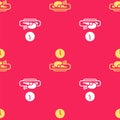 Yellow Food time icon isolated seamless pattern on red background. Time to eat. Vector Royalty Free Stock Photo