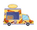 Yellow food truck with signboard Street food. Vector illustration on a white background.