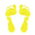 Yellow footprints on white background. Traces of human feet. Watercolor.