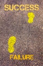 Yellow footsteps on sidewalk from Failure to Success message. Concept image
