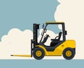 Yellow fork lift loader, sky with clouds in background. Banner layout with small excavator, crane.