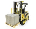 Yellow fork lift truck moves stacked dollars