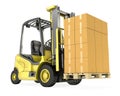 Yellow fork lift truck with stack ofboxes