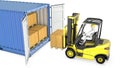 Yellow fork lift truck unloads cargo container