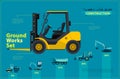 Yellow forklift. Blue infographic set, ground works blue machines vehicles. Royalty Free Stock Photo