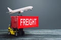 Yellow forklift carries red container and freight plane. International transportation logistics infrastructure, import export