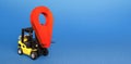 Yellow forklift carries a red location navigation pointer. Tracking. Transportation and delivery services. Moving cargo. Transfer