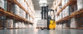 The yellow forklift lifting pallets in a spacious warehouse setting..AI generated image Royalty Free Stock Photo