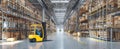 The yellow forklift navigating through a spacious warehouse filled with boxes. AI generated image Royalty Free Stock Photo