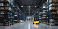 The yellow forklift navigating through a spacious warehouse filled with inventory. AI generated image Royalty Free Stock Photo