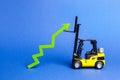 A yellow forklift raises a big green arrow up. Growth in production rates and development of industry and infrastructure