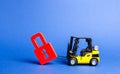 A yellow forklift tilts a red padlock from the road. Bypassing prohibitions and sanctions restrictions, lobbying the interests