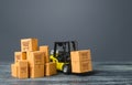 Yellow Forklift truck and boxes of goods. Transportation logistics infrastructure, import and export products delivery. Production