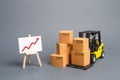 Yellow Forklift truck with cardboard boxes and a red arrow up. Increase sales, production of goods. Improving consumer sentiment