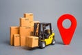 Yellow Forklift truck with cardboard boxes and a red position pin. Locating packages and goods. Algorithm for constructing