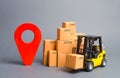 Yellow Forklift truck with cardboard boxes and a red position pin. Locating packages and goods. Tracking parcels via the Internet