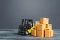 Yellow Forklift truck and cardboard boxes. Transportation logistics infrastructure, import and export goods and products delivery