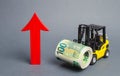 Yellow Forklift truck carries a big bundle of Euros and red arrow up. Economic reforms, emerging markets. Growth of income