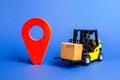 Yellow Forklift truck carries a box next to red pointer location. Services transportation of goods, products, logistics