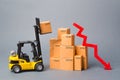 Yellow Forklift truck truckraises a box over a stack of boxes and red arrow down. Decrease in economic rates, low demand for goods