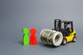 Yellow Forklift truckcarries a large bundle of dollars, a customer and seller. Investments, Preferential cheap loans for business Royalty Free Stock Photo