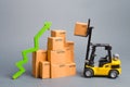 Yellow Forklift truckraises a box over a stack of boxes and a green arrow up. High trade volumes, increased production, storage