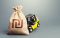 Yellow forklift unable to lift a israeli shekel money bag. Strongest financial assistance, support of business and people. Royalty Free Stock Photo