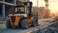 Yellow forklift vehicle with driver in hard hat operates on dusty construction site. Building structures and crane are visible in Royalty Free Stock Photo