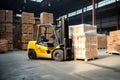 A yellow forklift in a warehouse amongst stacks of pallets, Forklift stuffing-unstuffing pallets of cargo to container on Royalty Free Stock Photo