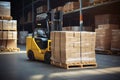 Yellow Forklift in a Warehouse Among Boxes, Industrial Equipment and Logistics Transportation, Forklift stuffing-unstuffing Royalty Free Stock Photo