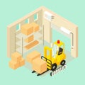 Yellow forklift in warehouse concept background, isometric style Royalty Free Stock Photo