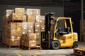 Yellow Forklift in Warehouse, Efficient Equipment for Industrial Operations, Forklift stuffing-unstuffing pallets of cargo to Royalty Free Stock Photo