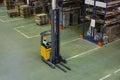 Yellow forklift working at the warehouse