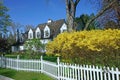 Yellow forsythia bush and house with white picket fence Royalty Free Stock Photo