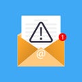 Yellow fraud letter icon with document, alert exclamation warning sign, red notification and email symbol at. Vector phishing Royalty Free Stock Photo