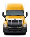 Yellow Freightliner Cascadia truck with black plastic bumper.