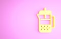 Yellow French press icon isolated on pink background. Minimalism concept. 3d illustration 3D render