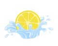 Yellow fresh cut slice lemon with water splash isolated on white background. Sweet food. Organic fruit. Vector illustration for