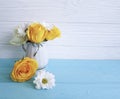 Yellow fresh rose vase chrysanthemum wooden background frame nature greeting decoration birthday Royalty Free Stock Photo