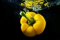 Yellow fresh bell pepper under water with reflection. Healthy colorful capsicum vegetable splashing into clear water while cooking Royalty Free Stock Photo