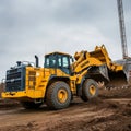 Yellow front-end loader at a construction site under a cloudy sky Royalty Free Stock Photo